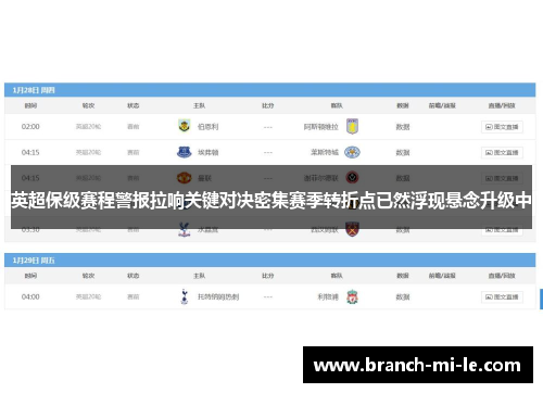英超保级赛程警报拉响关键对决密集赛季转折点已然浮现悬念升级中 英超保级赛程警报拉响关键对决密集赛季转折点已然浮现悬念升级中