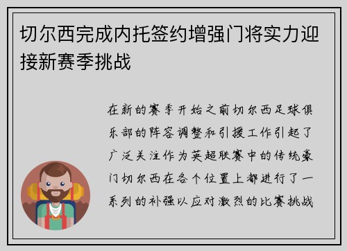 切尔西完成内托签约增强门将实力迎接新赛季挑战