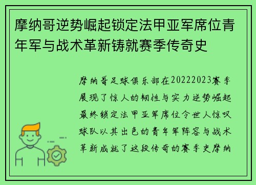 摩纳哥逆势崛起锁定法甲亚军席位青年军与战术革新铸就赛季传奇史