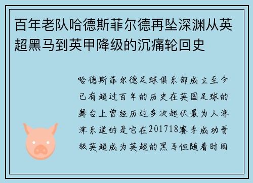 百年老队哈德斯菲尔德再坠深渊从英超黑马到英甲降级的沉痛轮回史